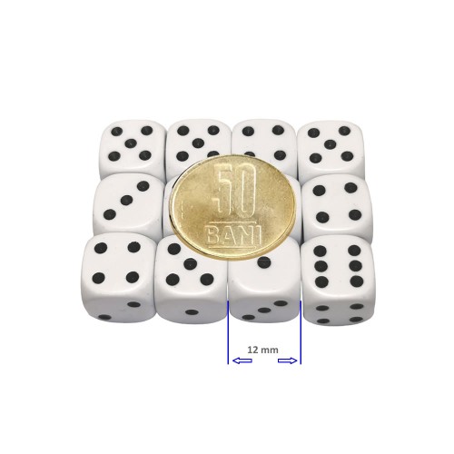 Set 12 zaruri de 12 mm, albe, de calitate, plastic opac Set 12 zaruri de 12 mm, albe, de calitate, plastic opac