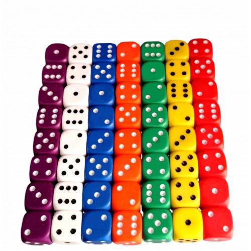 Set 56 zaruri de 12 mm, de calitate, plastic opac, 7 culori, cutie de transport Set 56 zaruri de 12 mm, de calitate, plastic opac, 7 culori, cutie de transport