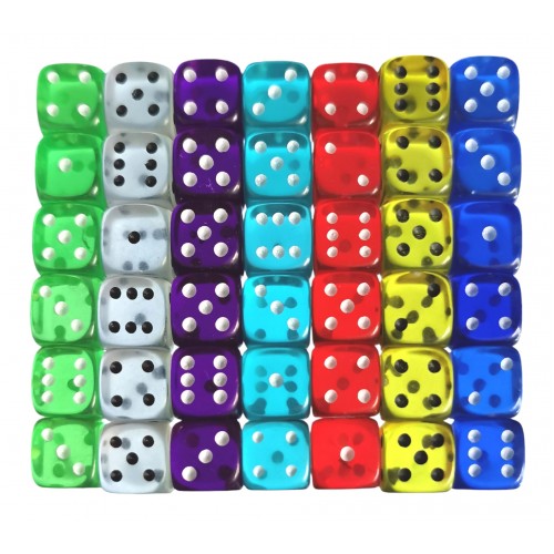 Set 42 zaruri de 12 mm, de calitate, plastic translucid, 7 culori, cutie de transport Set 42 zaruri de 12 mm, de calitate, plastic translucid, 7 culori, cutie de transport