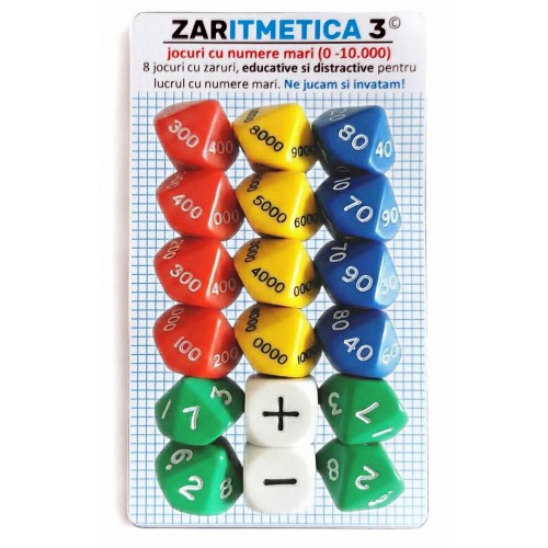 ZARITMETICA 3 NUMERE MARI - Set de 8 jocuri cu zaruri, educative si distractive, pentru exersarea aritmeticii cu numere mari ZARITMETICA 3 NUMERE MARI - Set de 8 jocuri cu zaruri, educative si distractive, pentru exersarea aritmeticii cu numere mari
