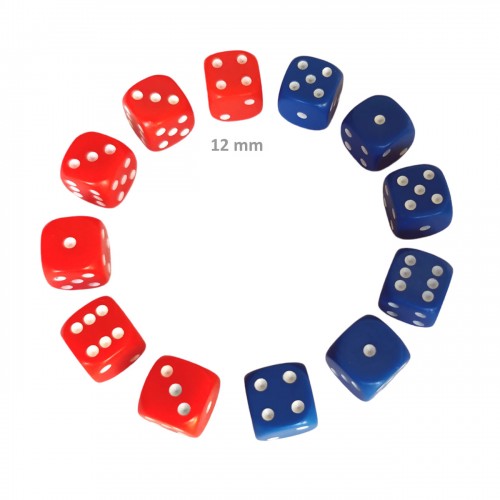 Set 12 zaruri de 12 mm, 6 rosii si 6 albastre, plastic opac Set 12 zaruri de 12 mm, 6 rosii si 6 albastre, plastic opac