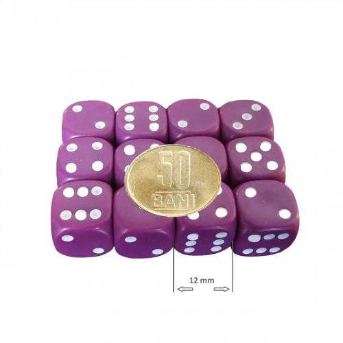 Set 12 zaruri de 12 mm, mov, de calitate, plastic opac Set 12 zaruri de 12 mm, mov, de calitate, plastic opac